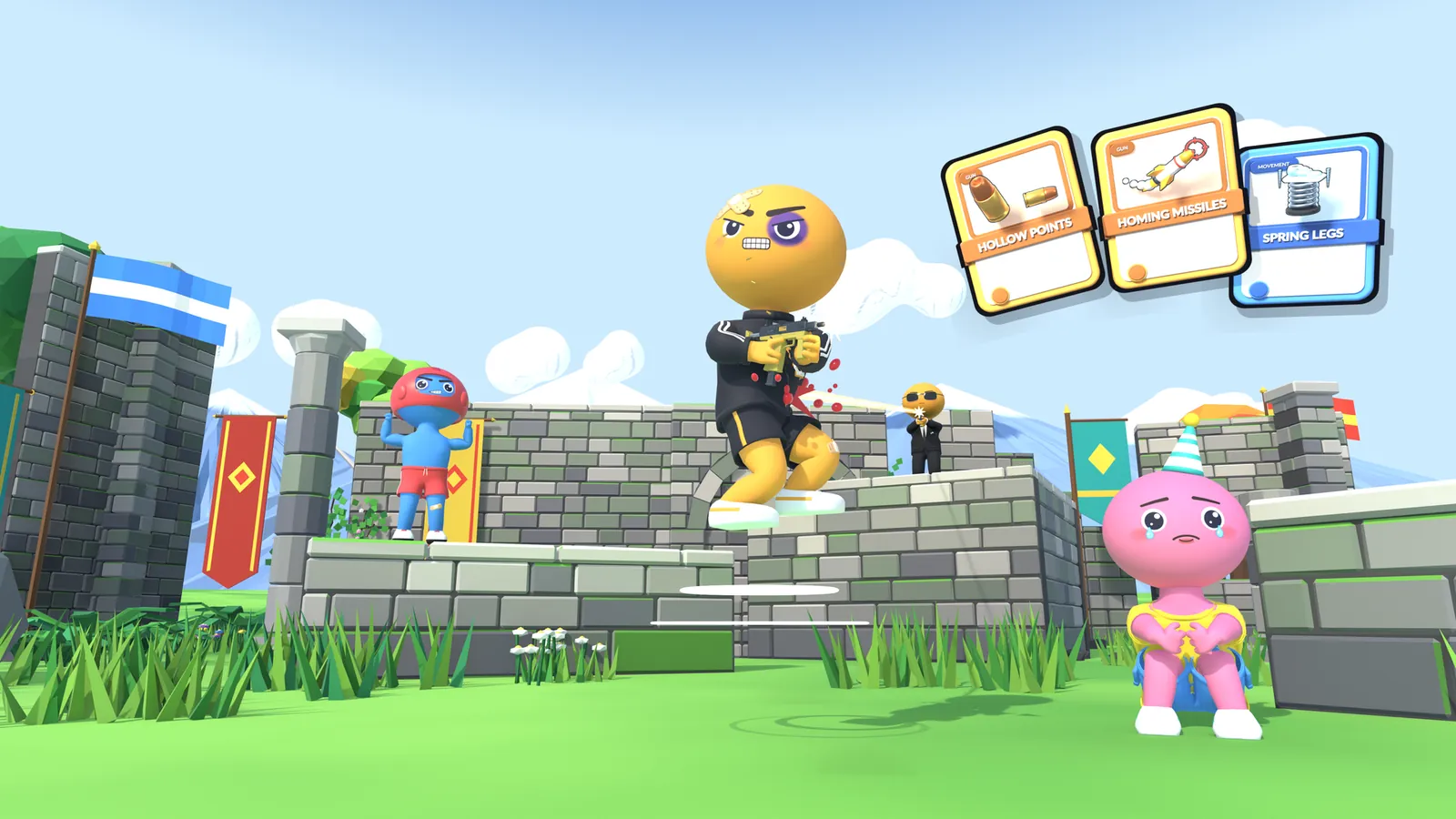 Sore Losers key art: emoji-headed fighters battle in a grassy castle courtyard as upgrade cards float overhead